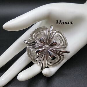 Vintage Monet Mid-Century Modern Brooch, Rhodium Plated, 1960s, 2 1/4 Inches